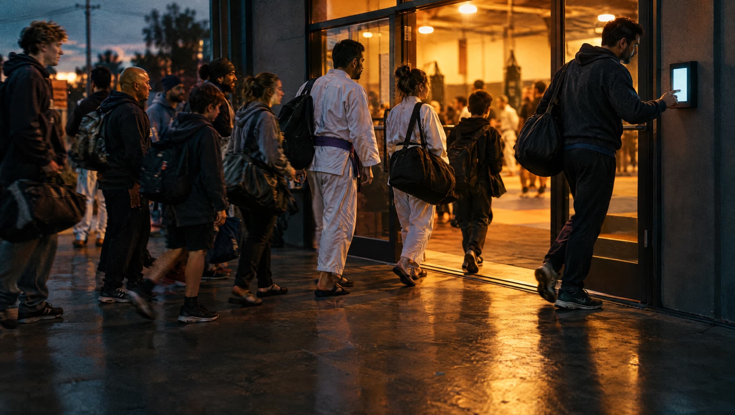 Students and fighters arrive for the evening class