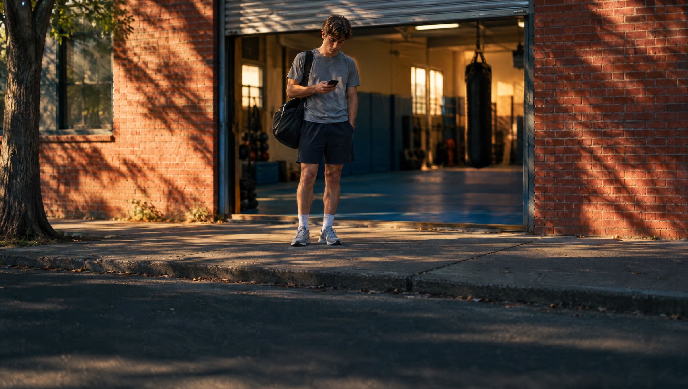 A young man with a gym bag checks his phone outside a small martial arts gym on his lunch break