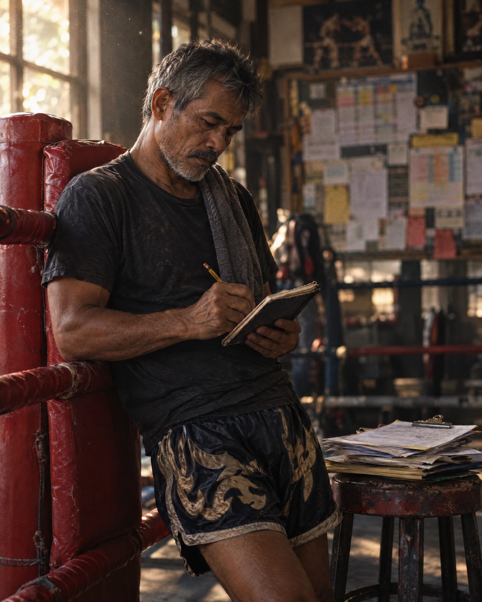 An older coach leans on the ring ropes, writing in a small notebook beside a stack of papers