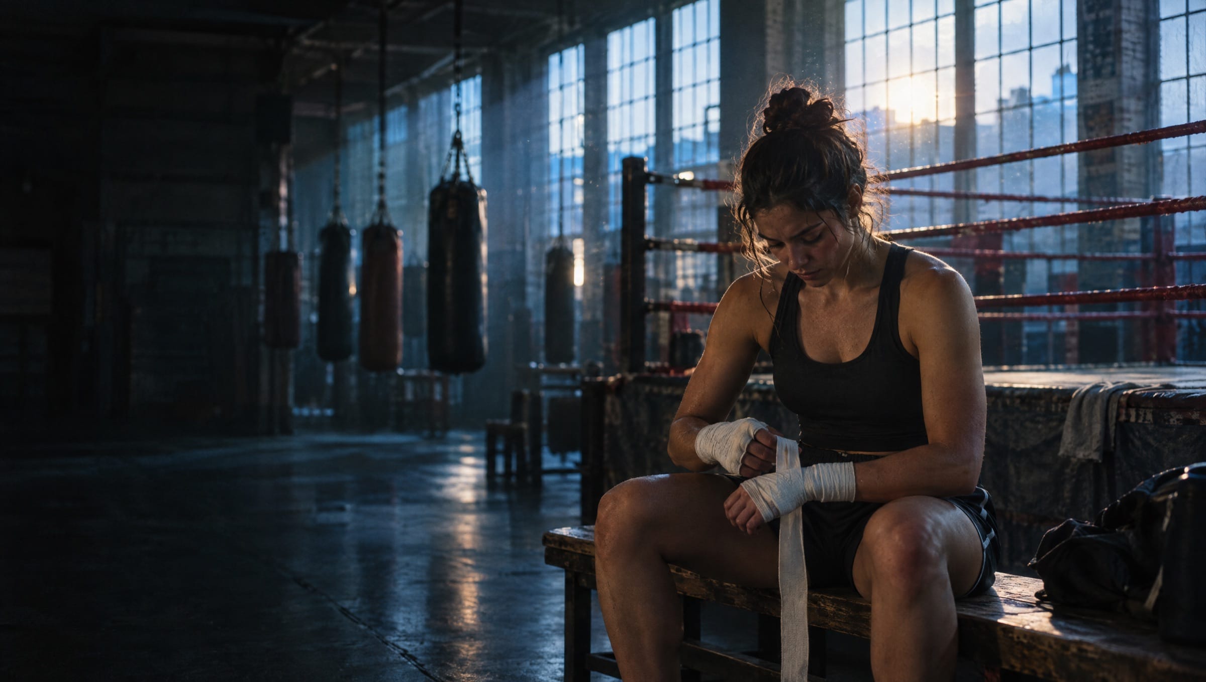 A boxer wraps her hands on a bench in an empty gym as the first light comes through tall factory windows