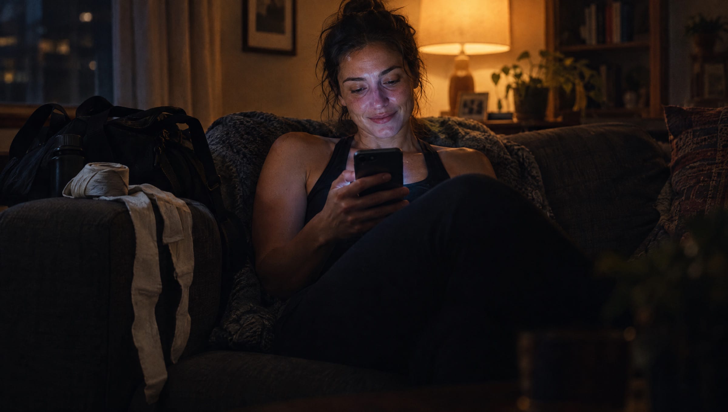 A woman on her couch at night checks her phone, her gym bag beside her